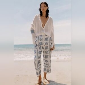 NWT ZARA NEW WOMAN HIGH-WAIST ZW EMBROIDERED CULOTTES ECRU BLUE SIZE M